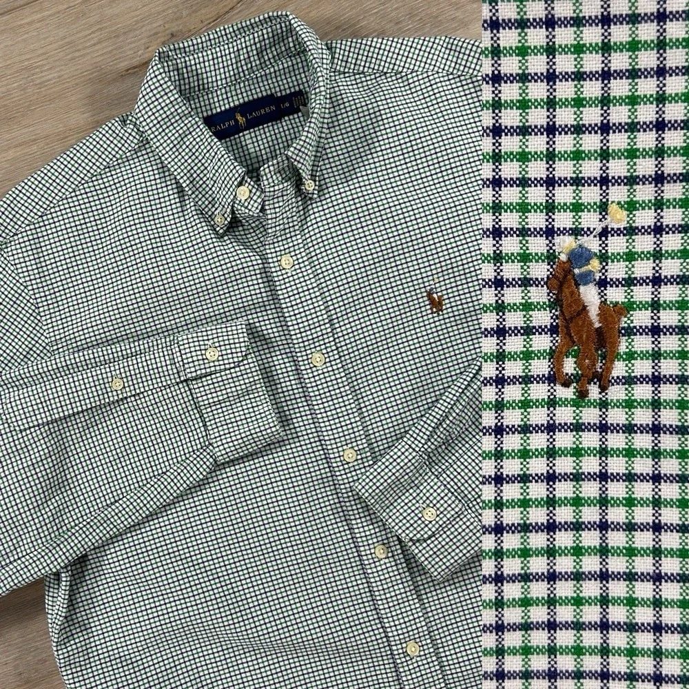 Polo Ralph Lauren Large Oxford Blue Green Plaid Button Down Flesh Pony